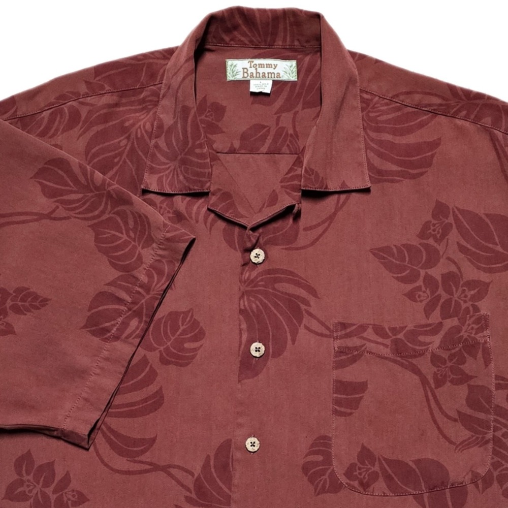 VTG Tommy Bahama Jacquard Shirt Mens Large Ruby Red Silk Hawaiian Floral Camp